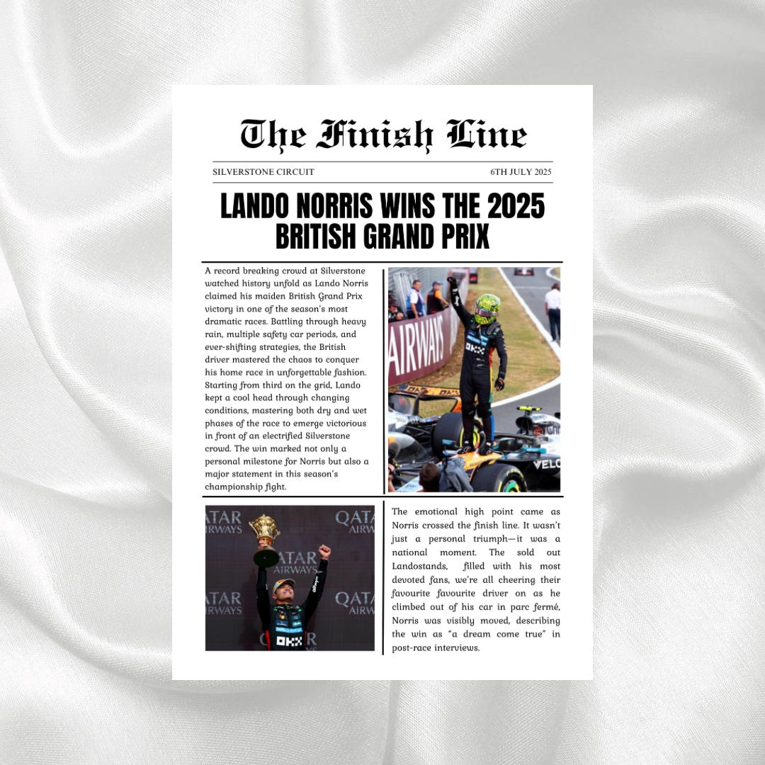 Lando Norris 2025 British Grand Prix newspaper print featuring Silverstone victory celebrations and podium moments in a vintage newspaper design.