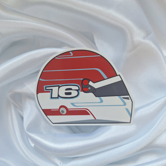 Charles Leclerc 2026 Formula 1 helmet sticker featuring a red and white racing helmet design with the number 16 and a dark visor on a white background.