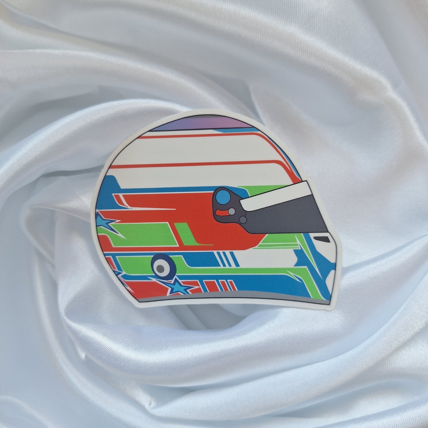 Kimi Antonelli helmet vinyl sticker featuring a colourful racing helmet design inspired by the Formula 1 driver's iconic helmet livery.