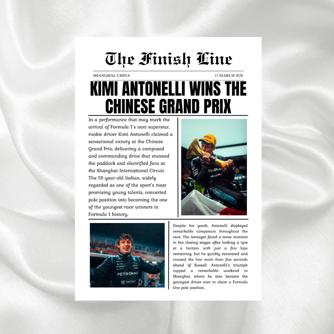 Kimi Antonelli Chinese Grand Prix newspaper print featuring podium celebrations and race imagery from the Shanghai International Circuit.