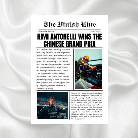 Kimi Antonelli Chinese Grand Prix newspaper print featuring podium celebrations and race imagery from the Shanghai International Circuit.