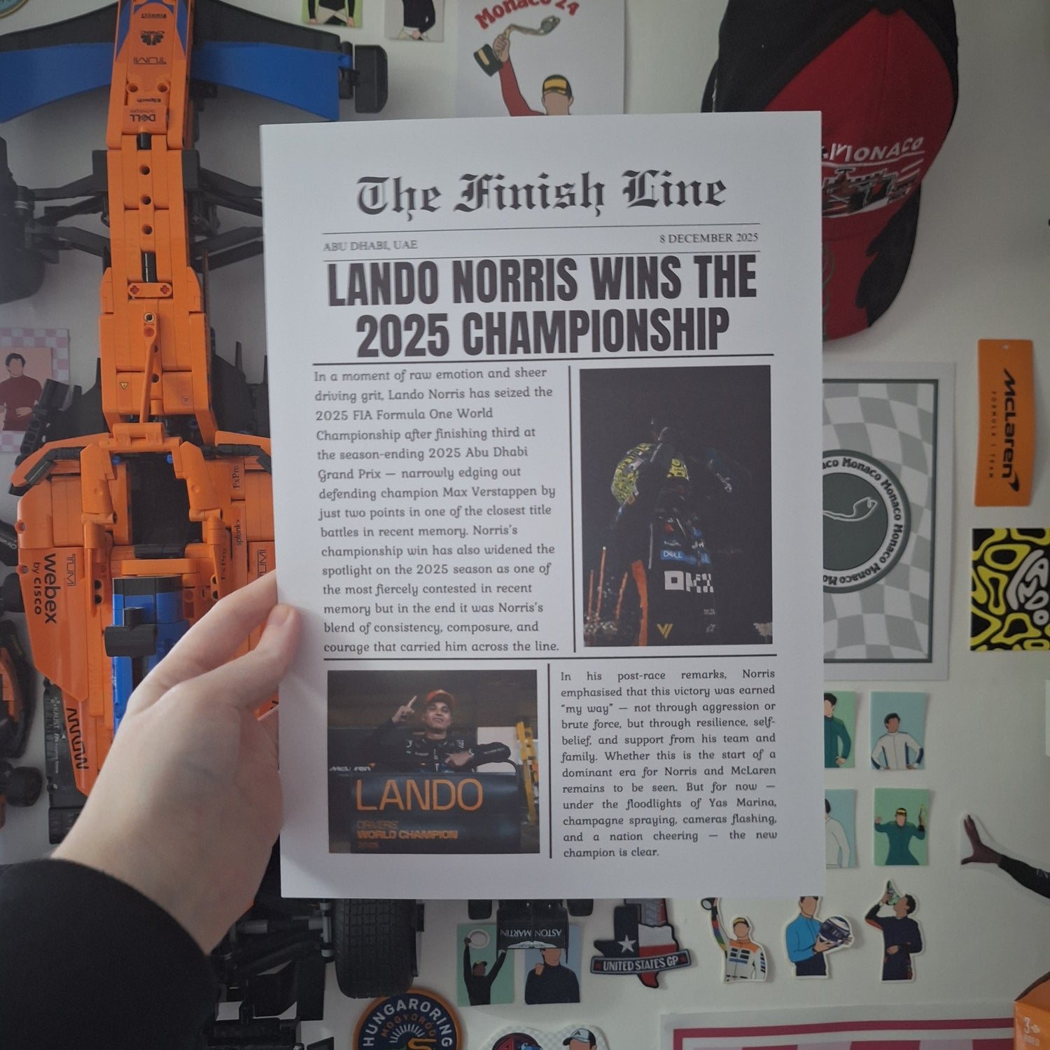 Lando Norris 2025 World Champion newspaper style Formula 1 print featuring championship-winning moments and motorsport-inspired editorial design.