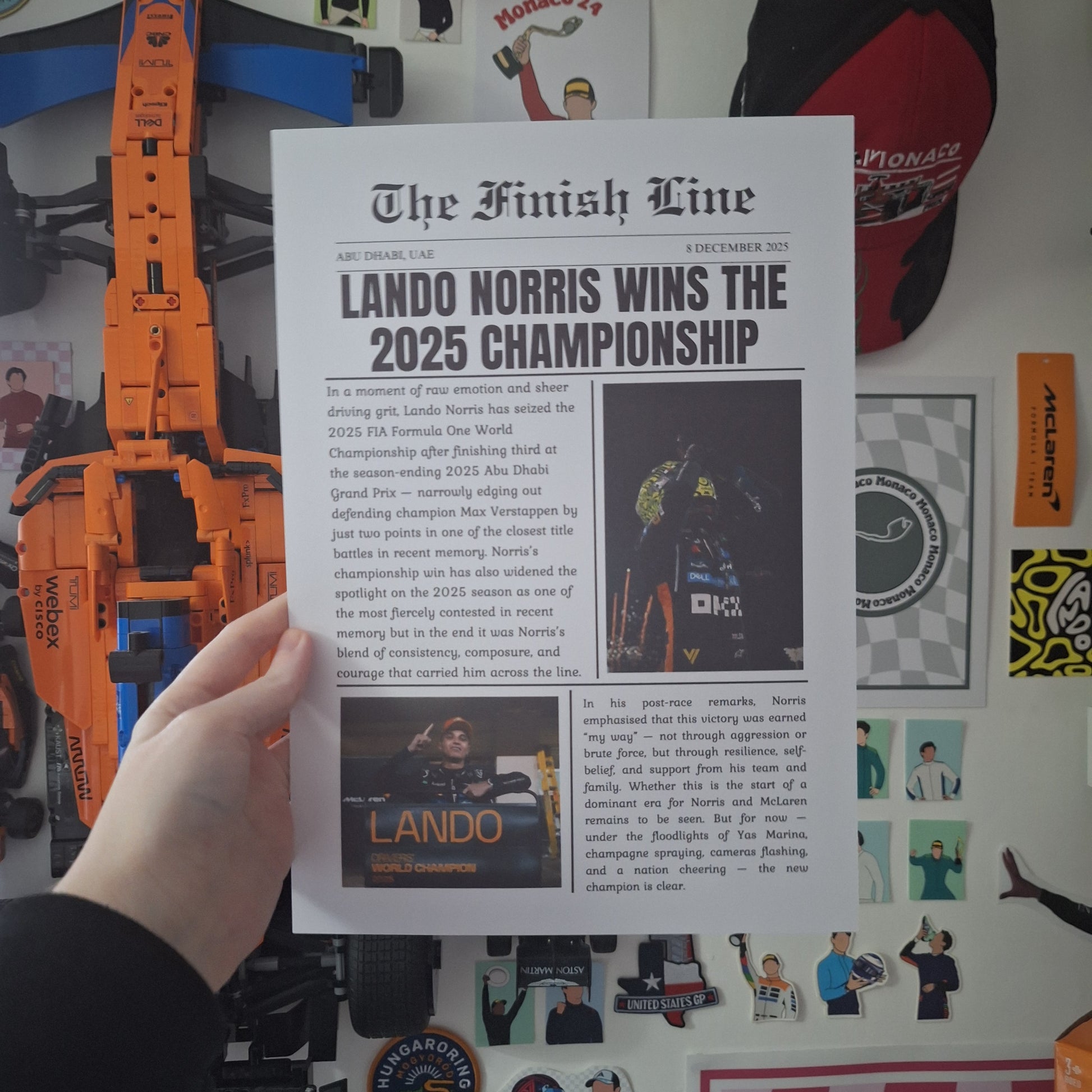 Lando Norris 2025 World Champion newspaper style Formula 1 print featuring championship-winning moments and motorsport-inspired editorial design.