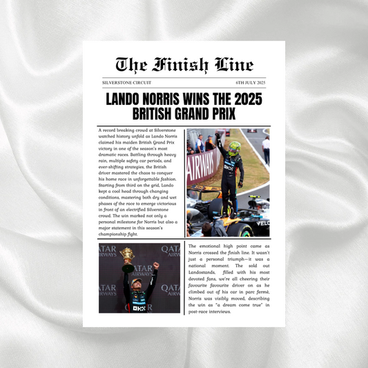 Lando Norris 2025 British Grand Prix newspaper print featuring Silverstone victory celebrations and podium moments in a vintage newspaper design.