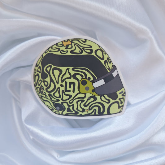 Lando Norris 2026 Formula 1 helmet sticker featuring a fluorescent yellow helmet design with abstract black pattern details and tinted visor.