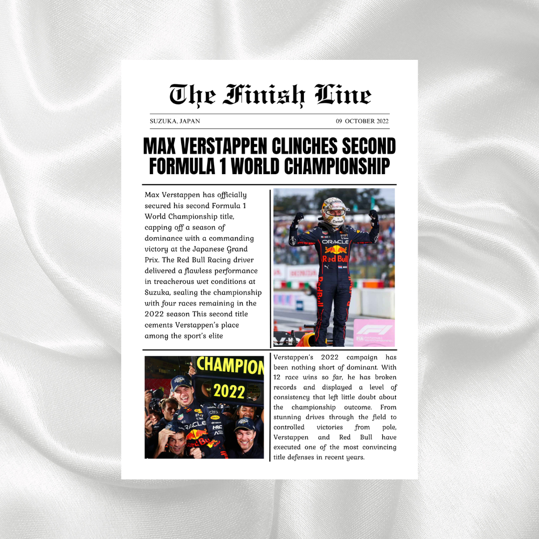 Max Verstappen 2022 Formula 1 World Championship newspaper print featuring Red Bull Racing celebrations from the Japanese Grand Prix.