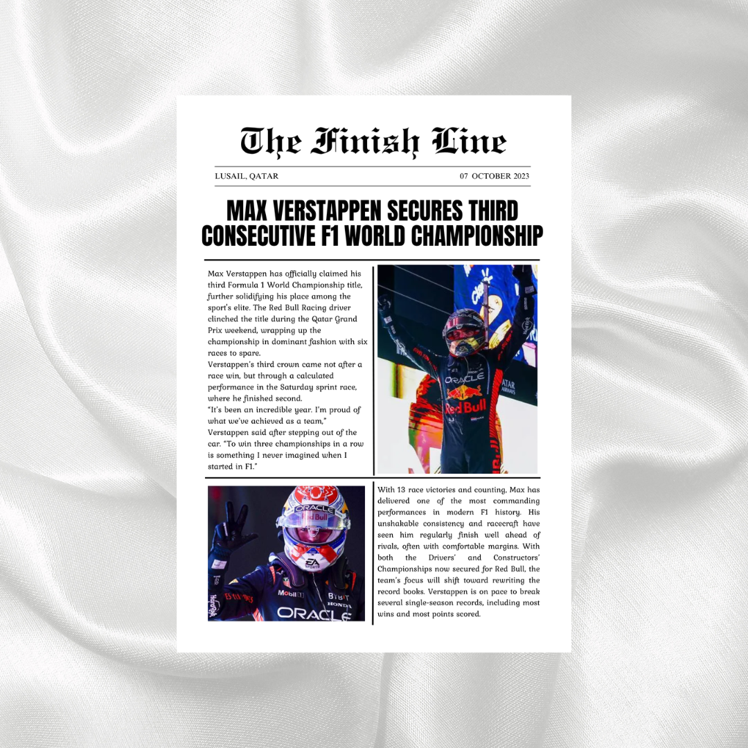 Max Verstappen third consecutive Formula 1 World Championship newspaper print featuring Red Bull Racing celebrations from the 2023 season.