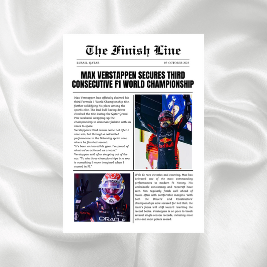 Max Verstappen third consecutive Formula 1 World Championship newspaper print featuring Red Bull Racing celebrations from the 2023 season.