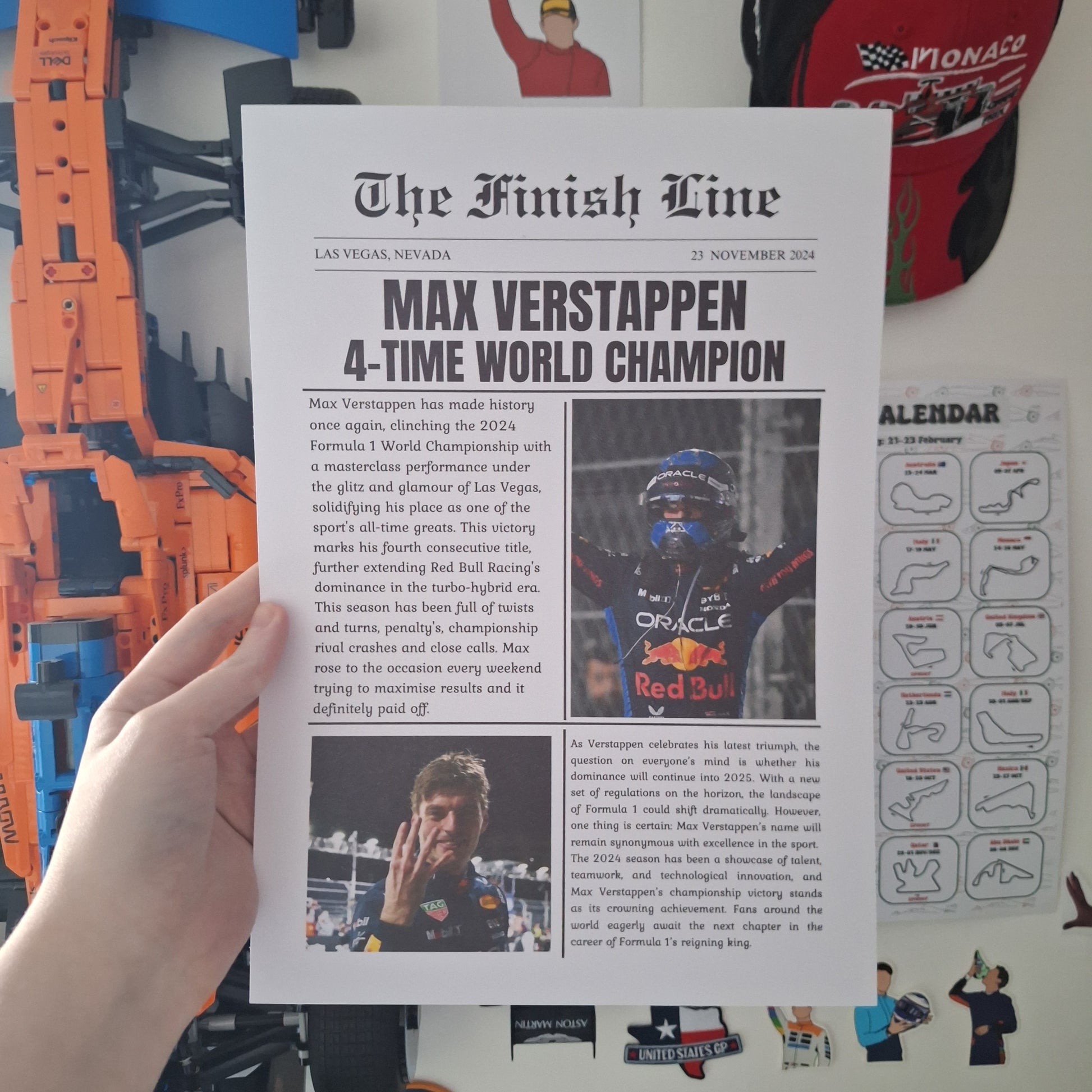 Max Verstappen 4-Time World Champion newspaper print featuring 2024 Formula 1 championship celebrations and Red Bull Racing imagery.