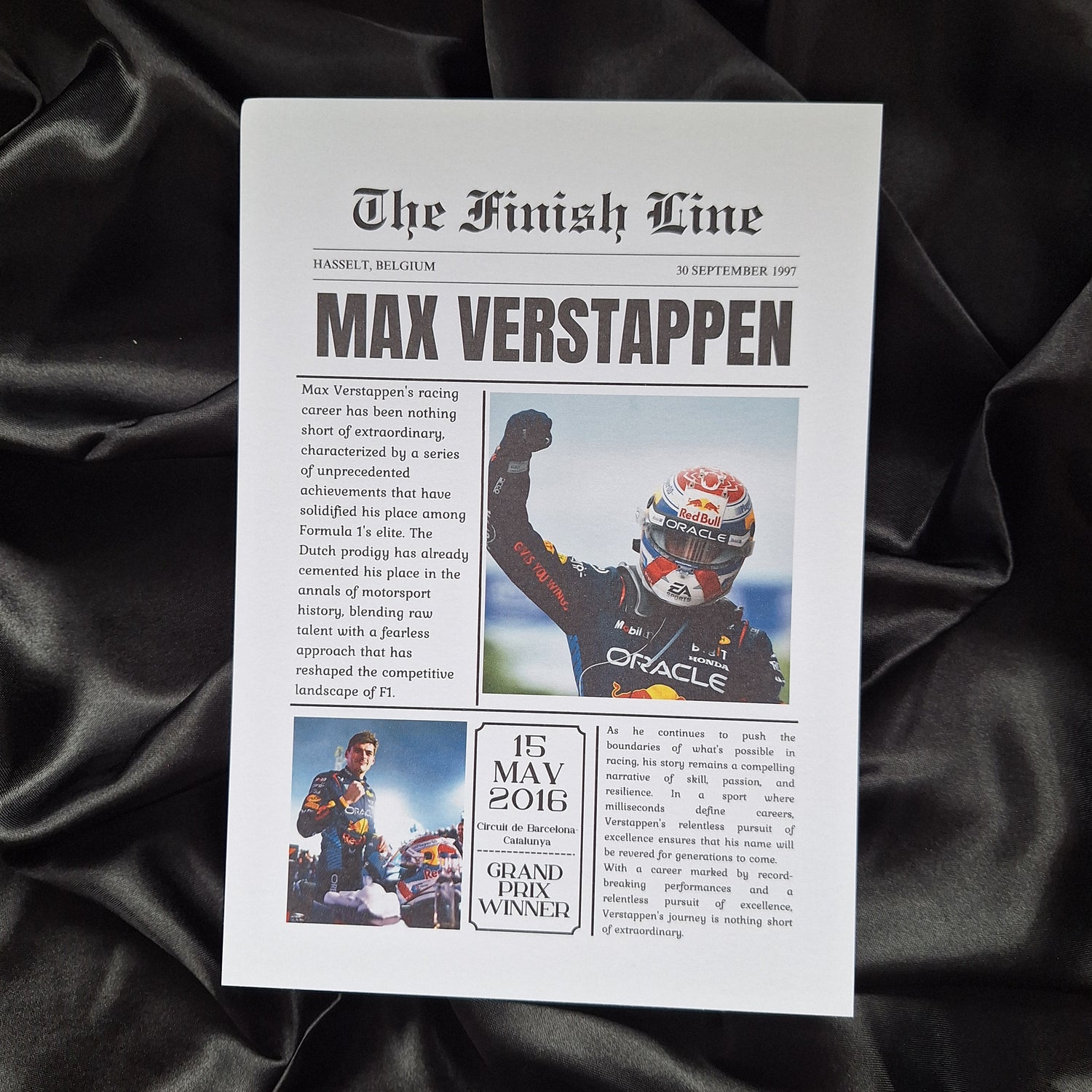 Max Verstappen newspaper style Formula 1 print featuring career milestones and Grand Prix victory moments on premium cardstock wall art.