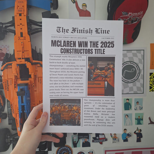McLaren 2025 Constructors' Championship newspaper print featuring team celebrations and a vintage newspaper front page design.