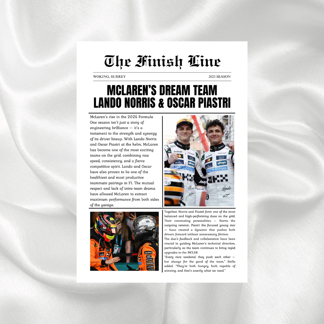 McLaren's Dream Team newspaper print featuring Lando Norris and Oscar Piastri during the 2025 Formula 1 season.