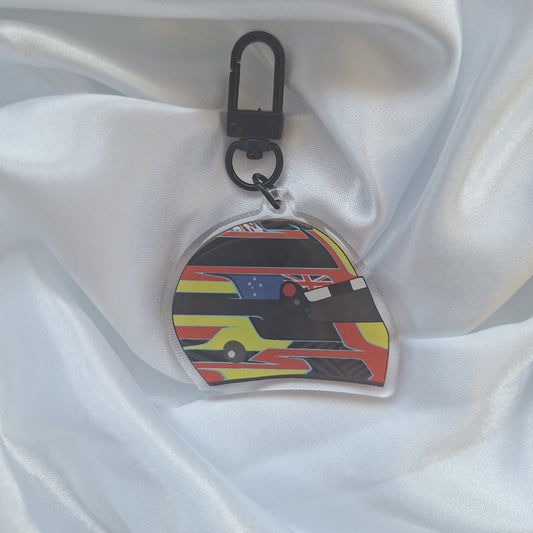 Oscar Piastri 2025 Helmet Design on an acrylic keyring